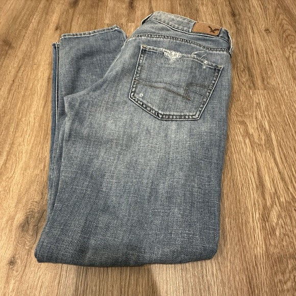 American Eagle Tomgirl Blue Ripped Jeans W/plaid Patch Size 4 Button Fly - Picture 11 of 11